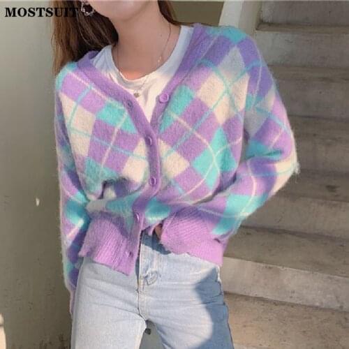 Argyle Cardigans Fall 2021 Women Clothing Knitted Korean Fashion Purple Tops Sweater Casual Single Breasted V-neck Slim
