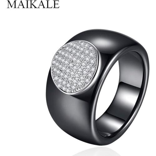 MAIKALE Luxury Black White Ceramic Rings for Women Silver Color Big Round Zirconia Wide Wedding Band Ring Party Jewelry Gifts