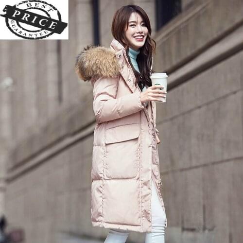Duck Winter 20% Down Jacket Women Thick Warm Long Coats Female Pink Clothes Large Fur Hooded Clothing Ladies 2021 LWL1030
