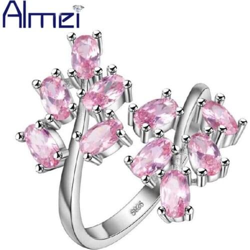 Almei 15% Off Silver Color Wedding Rings for Women Girls Cubic Zirconia Pink Flower Adjustable Ring Female Fashion Jewelry J681