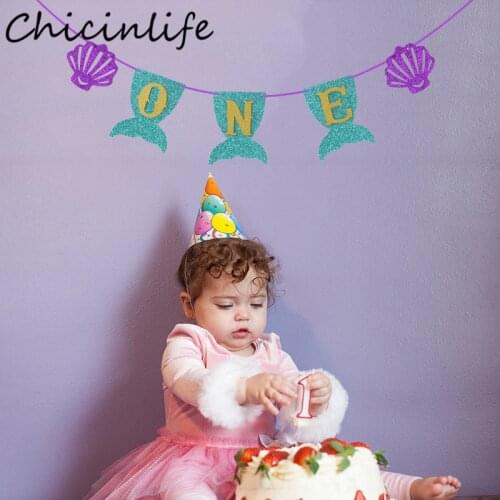 Chicinlife 1set Mermaid Tail One Banner Birthday Party Decor Baby Shower Girl 1st Birthday High Chair Bunting Garland Supplies