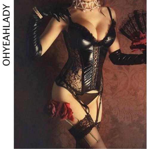 Ohyeahlady Faux Leather Corselet Sexy Underwear Lingerie Bustier Lace Up Boned Waist Trimmer Corset With Adjustable Straps A3440