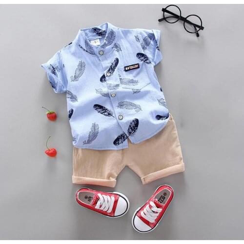 Handsome Boys Shorts Feather Print Sweat-absorbing Solid Boys Summer T-Shirt Shorts Set for Daily Life