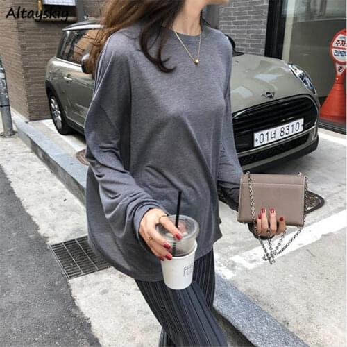 Long Sleeve T-shirts Women Simple Solid Vintage Lazy Streetwear Soft Home Clothes O-neck All-match Summer Aesthetic Female Lady