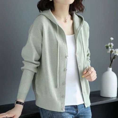 Womens Cardigan Hooded Spring Autumn Solid Single Breasted Long Sleeve Ladies Sweaters Casual Knitted Wear for Female