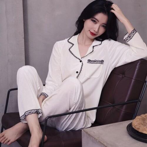 2PCS Sleepwear Intimate Lingerie Women Pajamas Suit Autumn New Pyjamas Casual Velour Bathrobe Lace Shirt&Pants Set