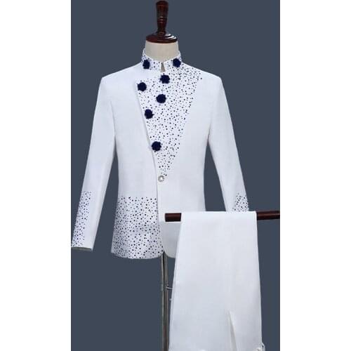 Chinese Tunic Suit Retro Chinese Style White with Blue Rhinestones Jacket Straight Pants 2 Pieces Set Stand Collar Coat Trousers