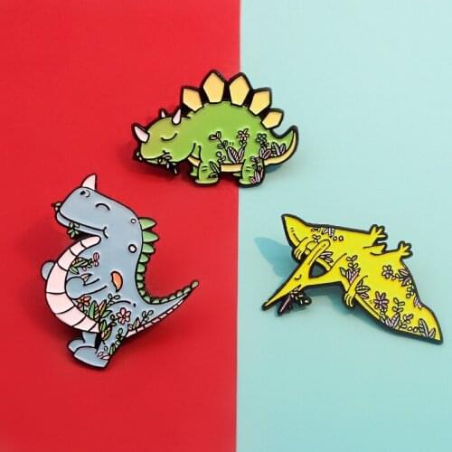 Creative Fashion Full Of Flowers Cute Dinosaurs Enjoy Delicious Plant Brooches Personality Pterosaurs Triceratops Animal Emblems