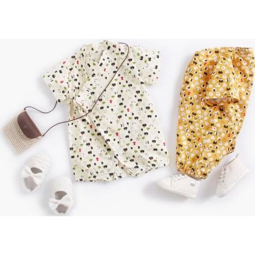 Summer Newborn Baby Girls Clothes Infant Bodysuit Short Sleeve Cartoon Print Costume Pure Cotton Belt Boys Pajamas Outfit 1pc