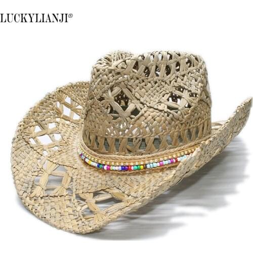 LUCKYLIANJI Womens Mens Unisexs Original Color Wide Brim Straw Sun Beach Cowboy Cowgirl Western Hat Beaded Band (58cm)