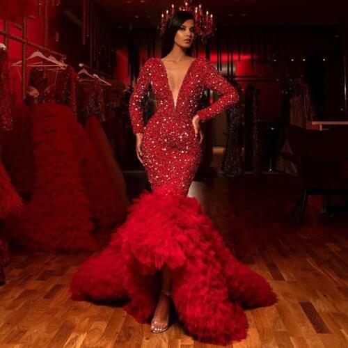 Dubai Fashion Evening Dress Long Sleeve abendkleider Red Beading Party Gowns Robe De Soiree Vestido De Festa Evening Dress Tulle