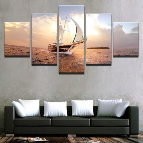 HD Prints Pictures Modular Canvas Wall Art Framework 5 Pieces Sunset Sailboat Seascape Paintings Home Decor Boat Sailing Posters