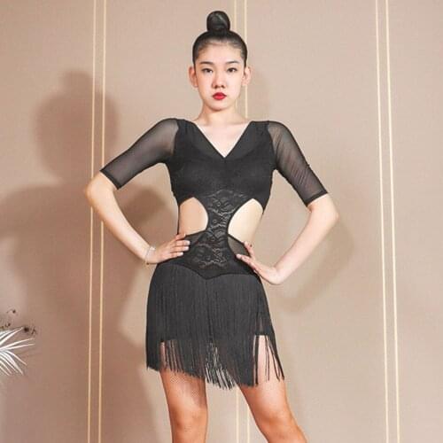 2021 New LW722 Latin Dance Dress Women Performance Bare Waist and Back Tassel Belly Modern Dancing Dresses Latino Dancewear