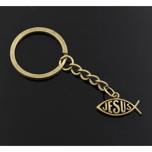 New Fashion Men 30mm Keychain DIY Metal Holder Chain Vintage Fish Jesus 22x12mm Bronze Pendant Gift