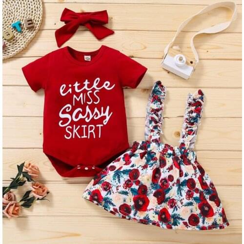 Infant Baby Girls Short Sleeves Letter Printed Romper Floral Suspender Skirt Bow Headband Letter Flower Print Summer Clothing