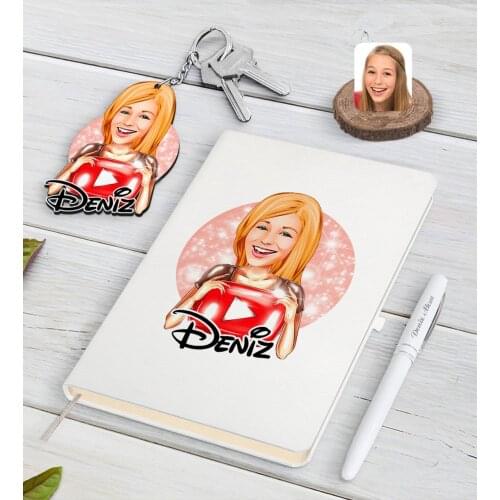Personalized Women 'S Youtuber Caricature Of White Notebook pen And Keychain Gift Seti-1