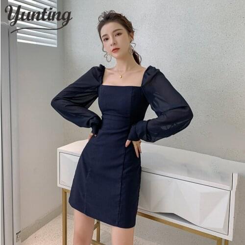 Sexy Square Collar Party Dress Autumn Double breasted Slim Sheath Vestidos Korean Simple Office Womens Dresses