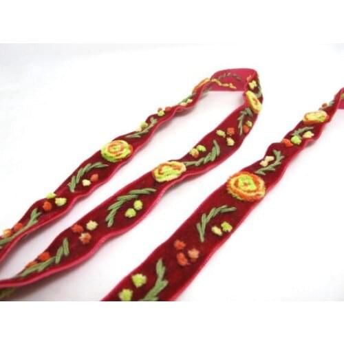 Yarn Flowers Embroidered on Red Velvet Ribbon|Sewing|Quilting|Craft Supplies|Hair Accessories