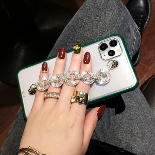 For iPhone 11 Pro MAX XR XS X 6 6S 7 8 Plus Case Midnight Green Bling Rhinestone Diamond Bracelet Chain Crystal Silicone Case