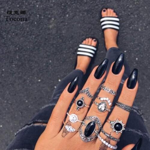 Tocona 12 pcs/sets Big Black Rhinestone Rings Set for Women Shiny Crystal Crwon Geometric Wedding Rings Jewelry кольца 7012