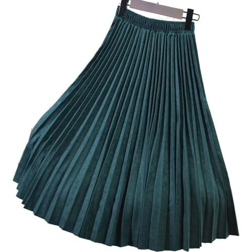 Aonibeier 65cm / 75cm / 85cm Faux Suede High Waist Women Skirts Autumn Winter Fashion Pleated Skirt Elastic Waist Casual Skirts