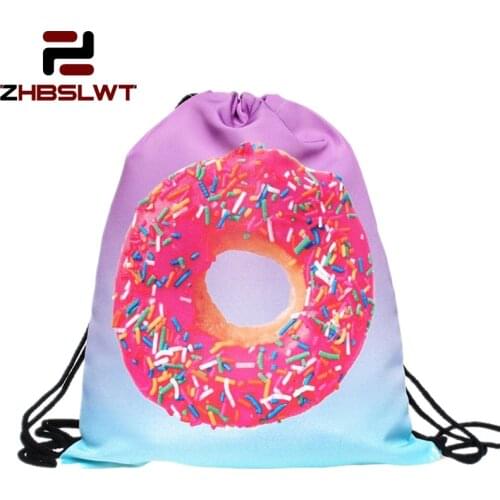 ZHBSLWT New Fashion Donut Pink 3D Printing Drawstring Bag Women Backpack Travel Softback Women Mochila -085