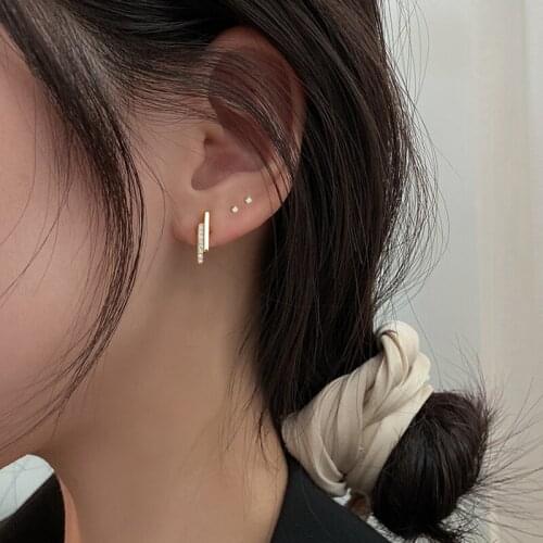 ModaOne Double Long Strip Bling Gold Color Cubic Zirconia Stud Earrings For Women Girls Korean Minimalist Elegant Jewelry Gifts