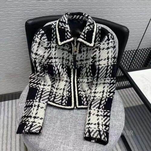 Black White Plaid Tweed Zipper Jacket 2021 Early Autumn Designer Coat Women Turn-down Collar Zipper Up High Waist Tweed Jacket