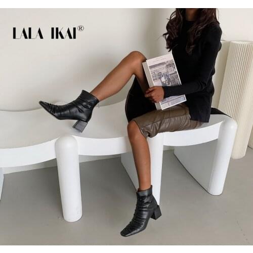 LALA IKAI Womens Boots Autumn Winter 2020 High Heels Womens Shoes Folds Ankle Boots Square Head Heels botas de mujer XWC10433