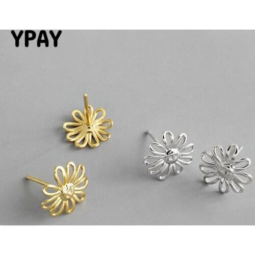 YPAY 100% Genuine 925 Sterling Silver Ear Studs Delicate Flower Earrings for Women Korea Sunflower Earring Fine Jewelry YME635
