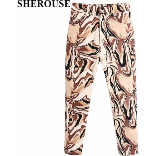 SHEROUSE Women Vintage Multicolor Print Hight-waist Pants Fashion Straight leg Casual Woman Trousers pantalon pour femme