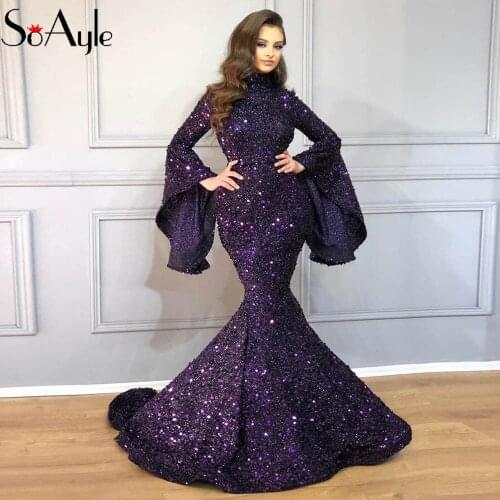 SoAyle Sparkly Prom Dresses 2019 Sequined Lace Embroidery Evening Dress Dubai Prom Dress Sexy Backless Vestidos De festa