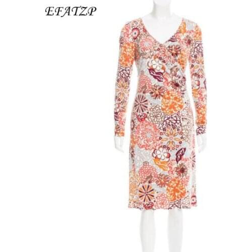 New 2018 Fashion Designer Brand Dress Womens Flowers Printed Long Sleeves V-Neck Stretch Jersey Silk XL XXL Day Dress