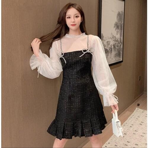 2021 Autumn Small Fragrance Sexy See though Mesh Patchwork Tweed Mini Dresses Women Bow Flared sleeve Ruffle Stitching Dress