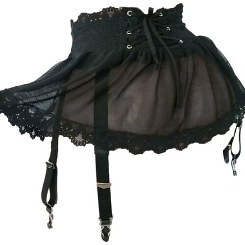 Women Adults Sexy Cosplay Lingerie Nightgown Elastic Lace Waist Sheer Mesh Ruffled Crossdress Short Skirt Panties