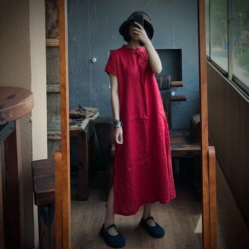 Women Loose Linen Dress Ladies Qipao Dress Female 2020 Summer Solid Color Flax Dress