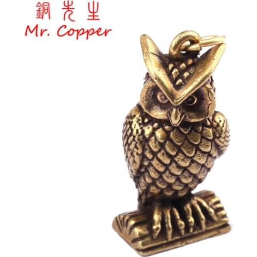 Antique Bronze Standing Owl Statue Desktop Small Ornament Vintage Copper Animal Tea Pet Decorations Crafts Key Chains Pendants