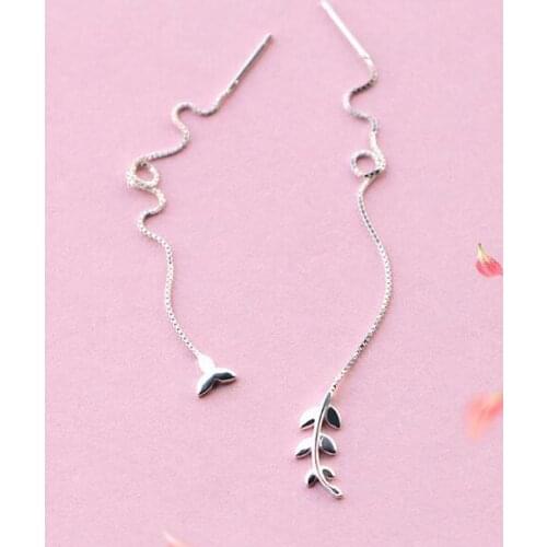 Asymmetric earrings Real. 925-STERLING-SILVER pull through Olive of Leaf branch threader Dangle Earrings GTLE1201
