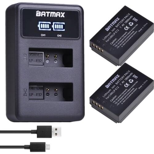 Batmax 2PCS 1800mAh LP-E12 LPE12 LP E12 Battery+ LED Dual USB Charger for Canon EOS 100D Kiss X7 Rebel SL1 EOS M10 DSLR Cameras