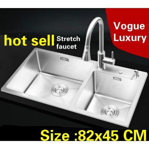 Free shipping Apartment high quality big kitchen manual sink double groove stretch faucet 304 stainless steel hot sell 82x45 CM
