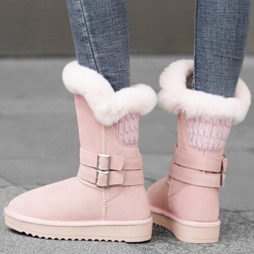 EshtonShero Shoes Women Snow Boots Plush Low Heels Cow Suede Keep Warm Round Toe Pink Ladies Motorcycle Ankle Boots Size 3-12