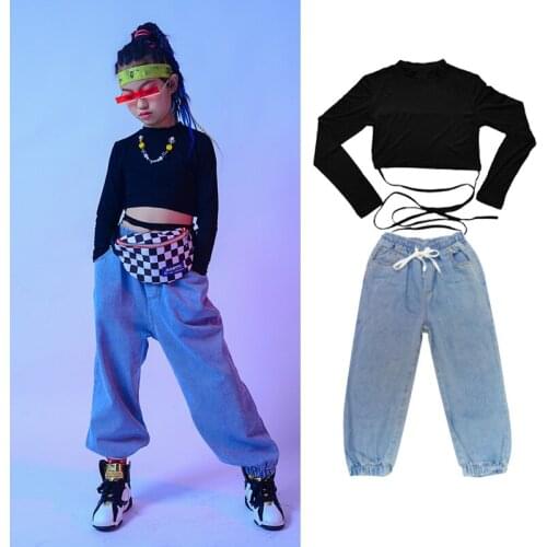 ChildrenS Jazz Dance Costumes Girls Black long Sleeved Hiphop Pants Ballroom Hip Hop Clothes Performance Rave Clothes DQS6254