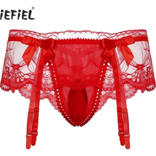 Mens Panties Red Sexy Lace Garter Briefs Lingerie Erotic Underwear Sissy Gay Male Underpants Briefs Penis Pouch Panties Thongs