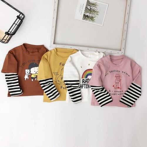 Toddler Kids Tshirts 2021 Spring New Childrens Long Sleeve T-shirt Splicing Striped Sleeve Print Fake Two Tops For Girls Boys