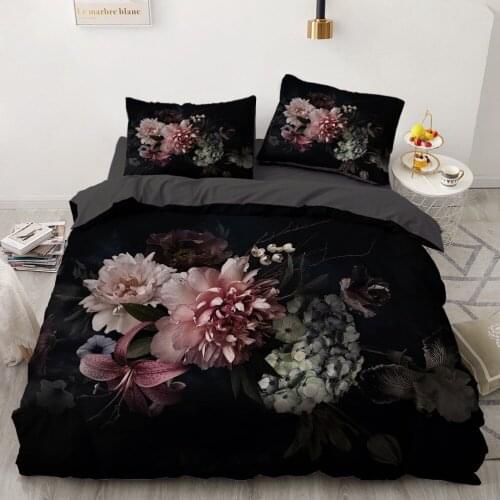 3D Bedding Sets Black Duvet Quilt Cover Set Comforter Bed Linen Pillowcase King Queen 230x230cm Flower Design Printed