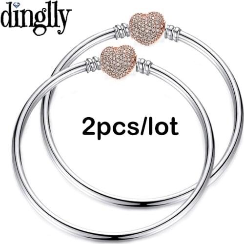 Dinglly 2pcs High Quality Round Bangle Bracelets Fit Brand Beaded Heart Bracelets DIY Women Men Kid Children Jewelry Accessories