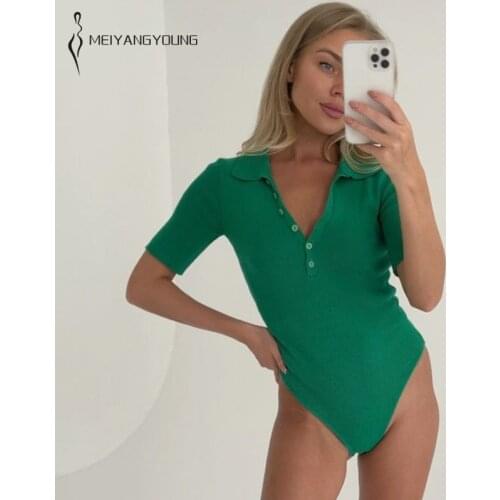 MEIYANGYOUNG Summer Bodysuit Women 2021 Sexy Knitted Turn Down Collar Short Sleeve One Piece Knitted Tops Body Femme Overalls