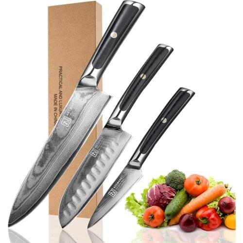 KEEMAKE Chef Santoku Paring Knife Damascus Steel Japanese VG10 Core Blade Kitchen Knife Knives G10 Handle Meat Fruit Cutter Tool