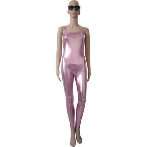 Sexy Women pink color Shiny Metallic Zentai Catsuits Thin shoulder straps jumpsuit Fancy Dress
