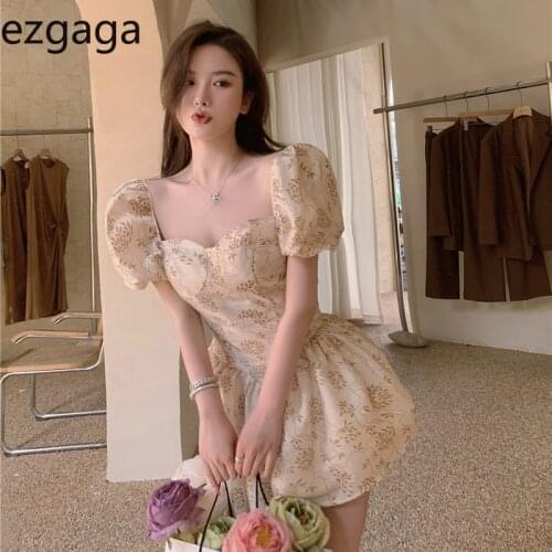 Ezgaga French Style Floral Dress Women Square Collar Short Lantern Sleeve High Waist Elegant Pleated Bodycon Ladies Sexy Vestido